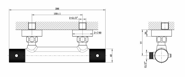 Ribbd thermostatische douchemengkraan chroom lijntekening